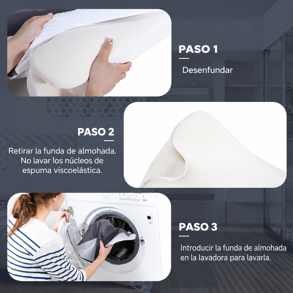 Cómo lavar la almohada cervical DualZone en 3 pasos: desenfundar, retirar la funda sin lavar el núcleo de espuma, y meter la funda en la lavadora.