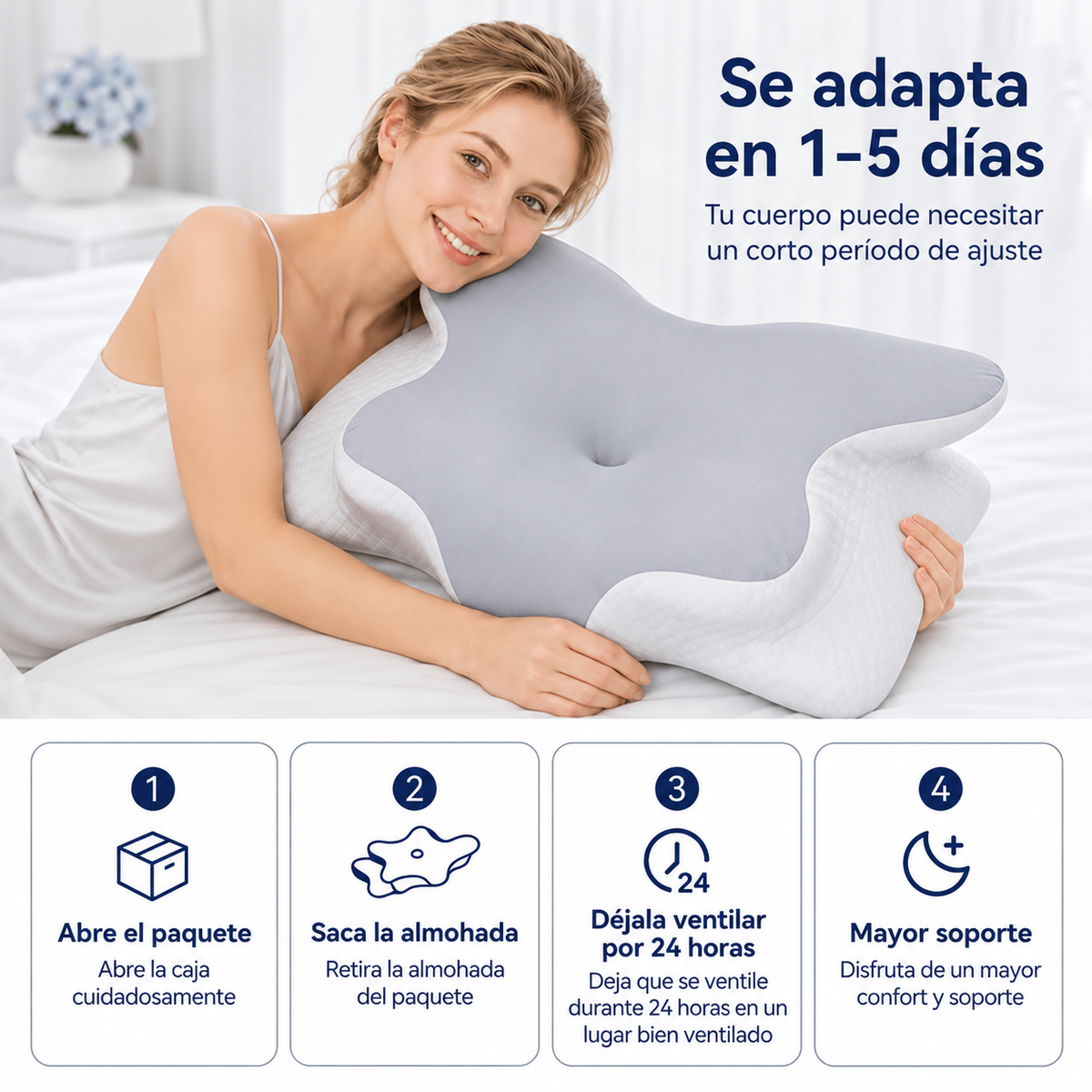 La almohada cervical DualZone se adapta en 1 a 5 días; pasos para desembalar y airear 24 horas.