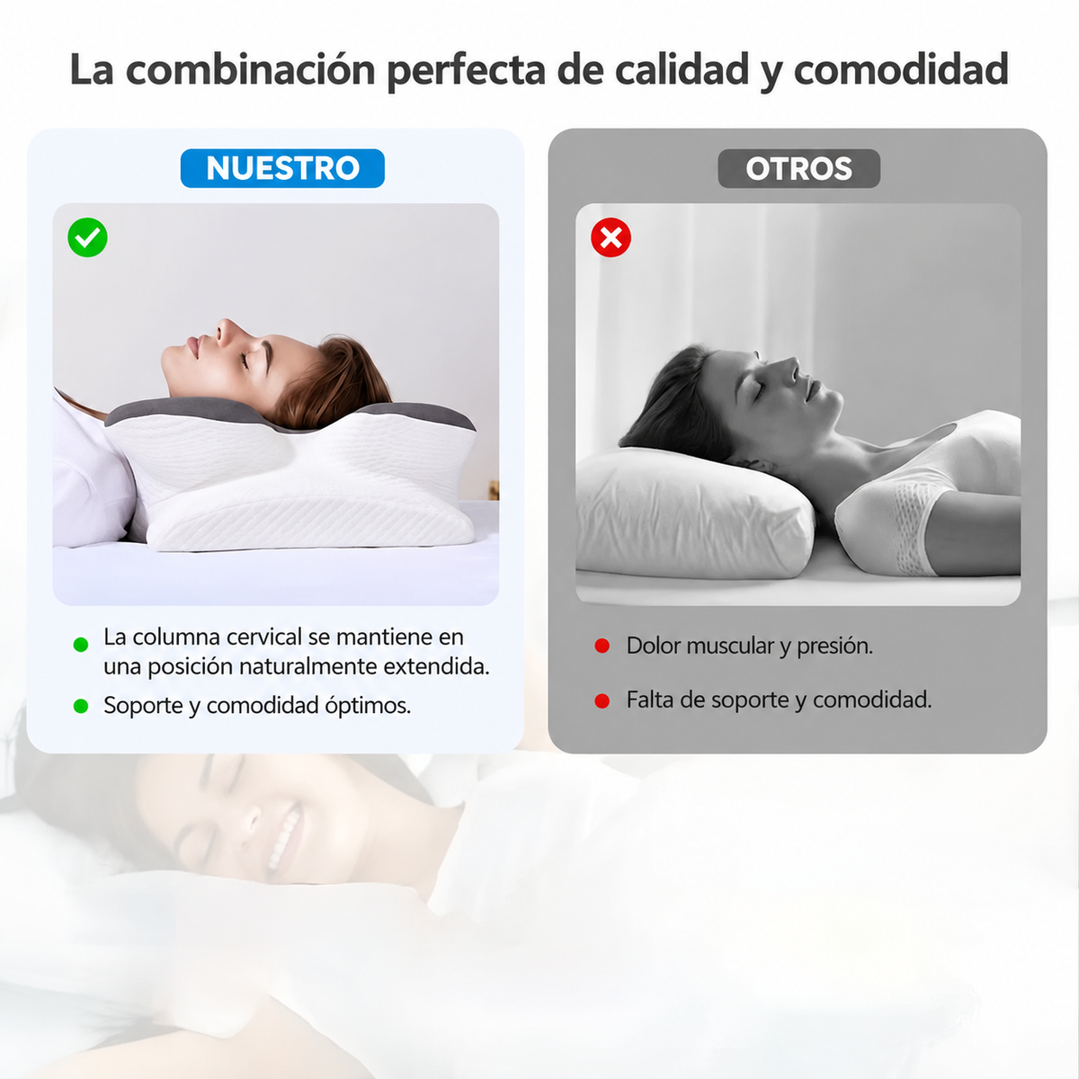 Con la almohada cervical DualZone la columna cervical queda alineada, frente al dolor y la falta de soporte de otras almohadas.