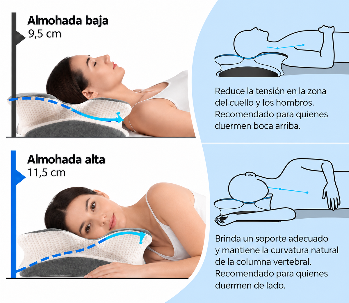 Almohada cervical DualZone con dos alturas a elegir: baja 9,5 cm para dormir boca arriba y alta 11,5 cm para dormir de lado.