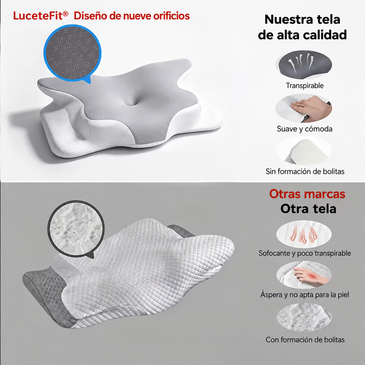 Funda de la almohada cervical DualZone con diseño de nueve orificios, transpirable, suave y sin bolitas, frente a la tela de otras marcas.