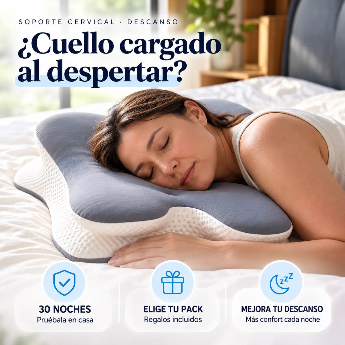 Almohada cervical viscoelástica DualZone con forma de mariposa, medidas 66,8 x 36,5 cm y diseño ergonómico con contornos.
